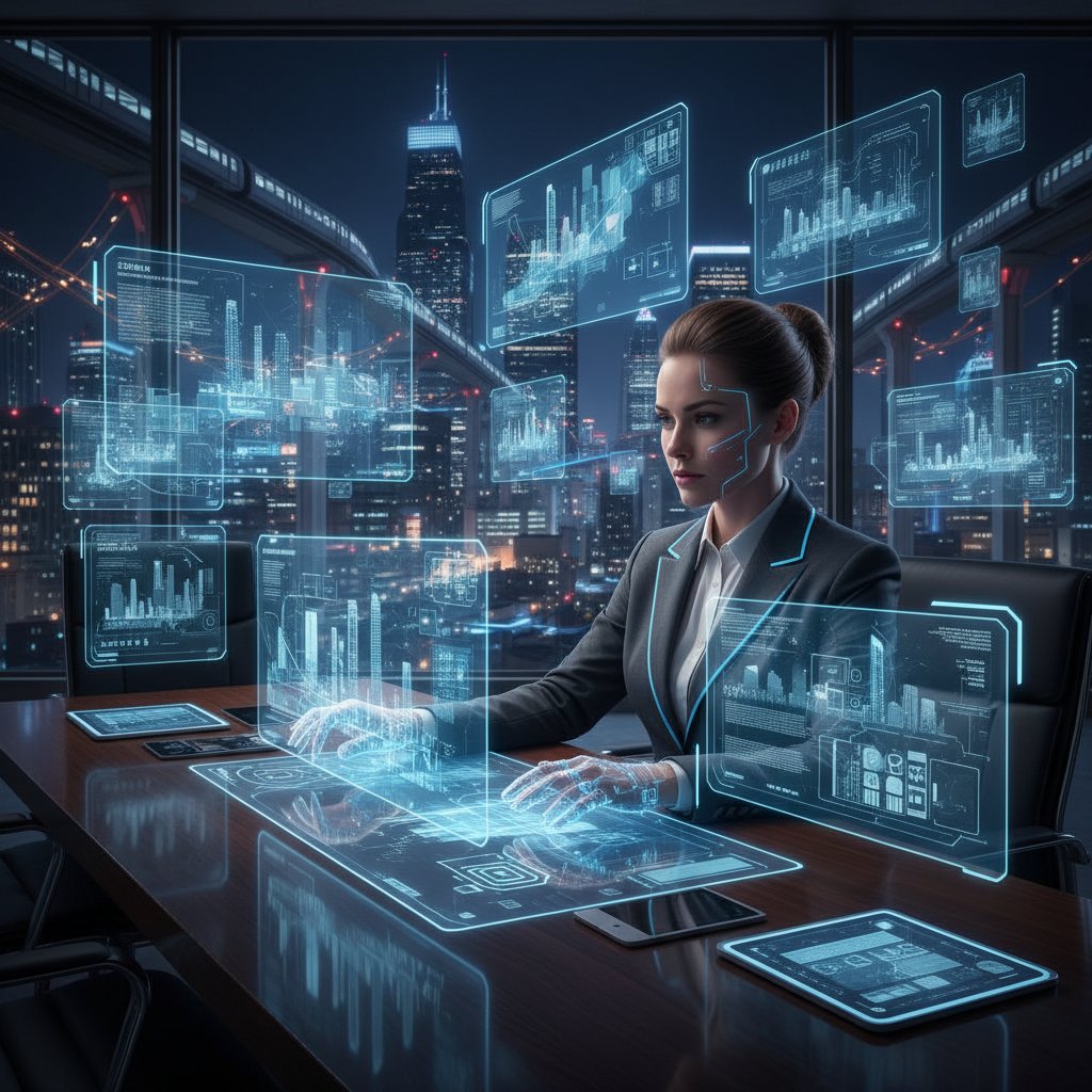 Portret Danieli Amodei siedzącej przy stole z notatkami AI, z miejskim pejzażem w tle