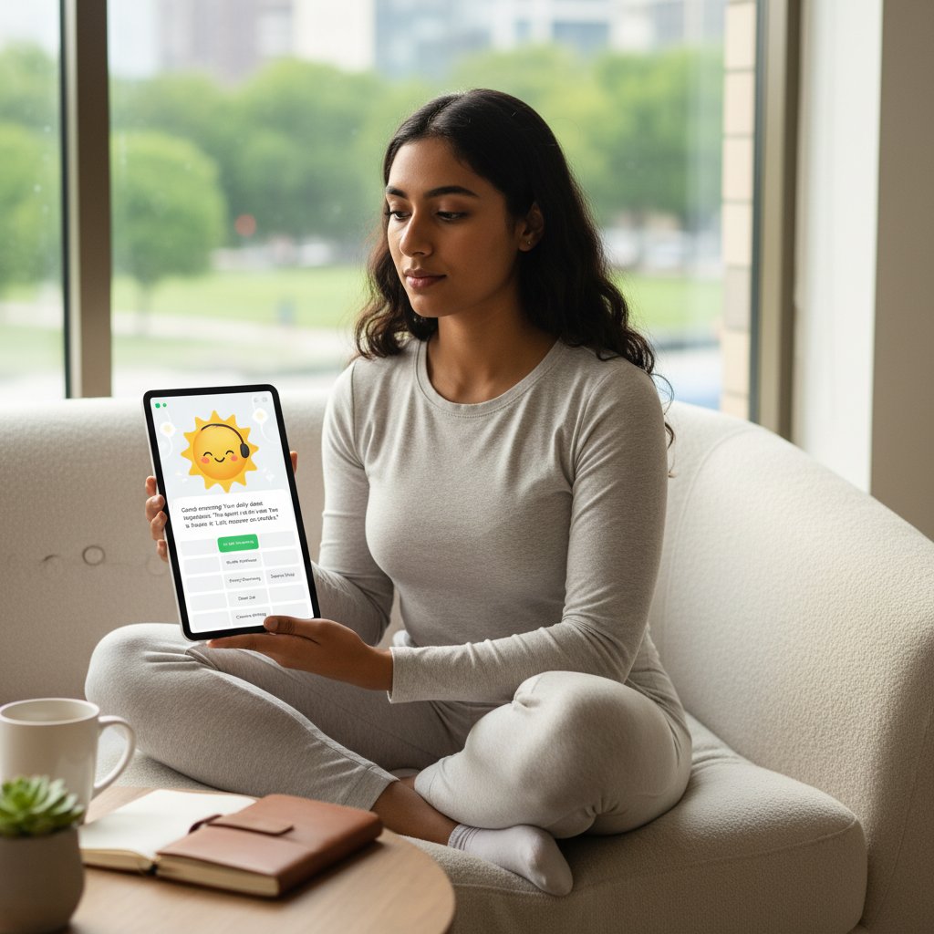 Kobieta otrzymująca inspirujące wiadomości od chatbota AI obok wykonanego planu dnia, codzienne wsparcie motywacyjne