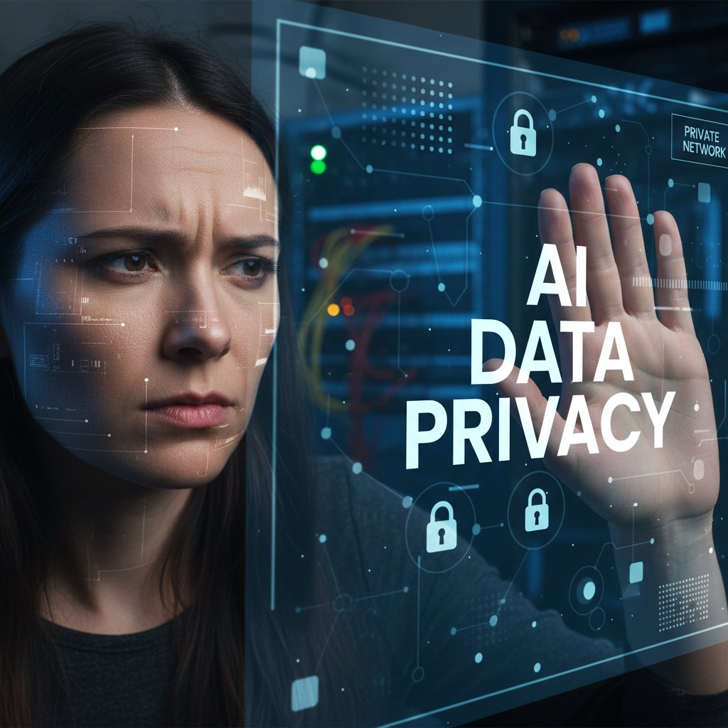 Kobieta siedząca przed komputerem, widoczne refleksy danych na twarzy – symbol prywatności i kontroli danych