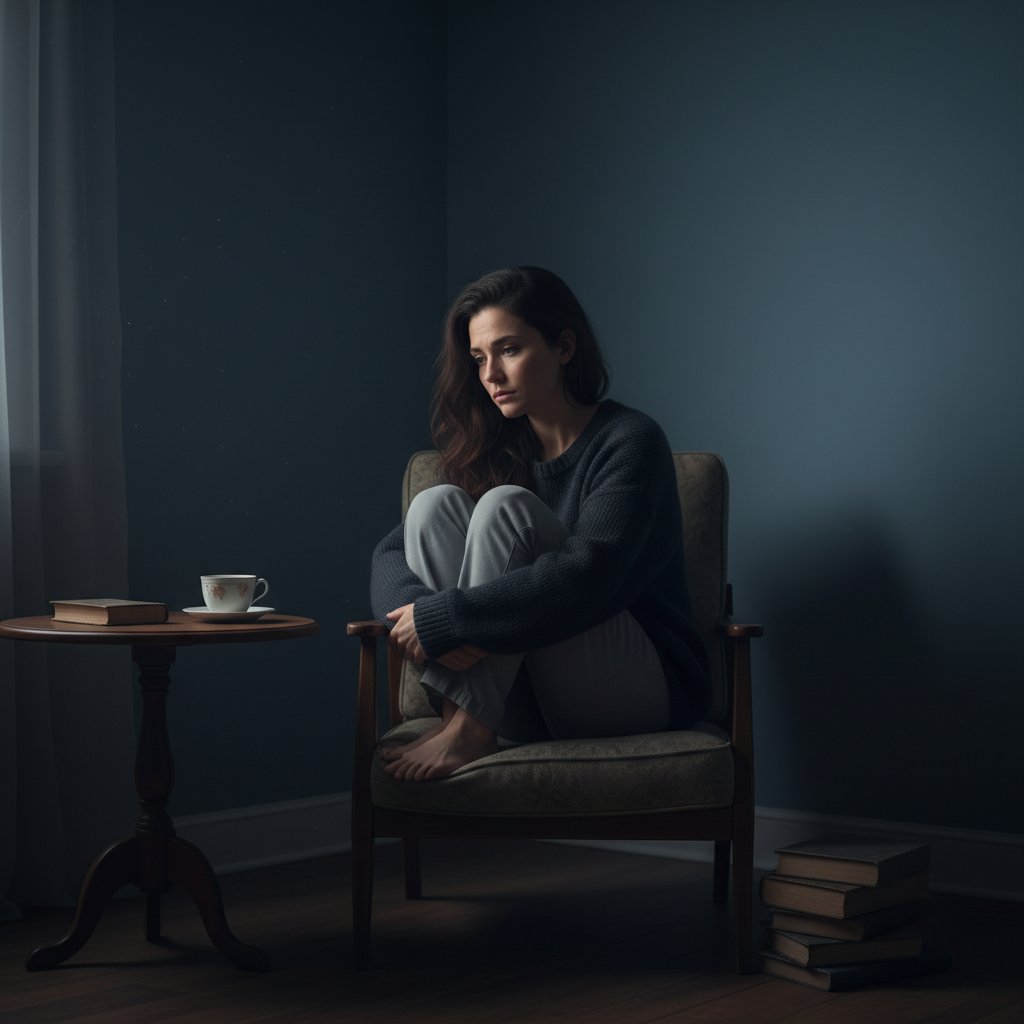 Zdjęcie kobiety siedzącej samotnie w ciemnym pokoju, z zamyśleniem na twarzy