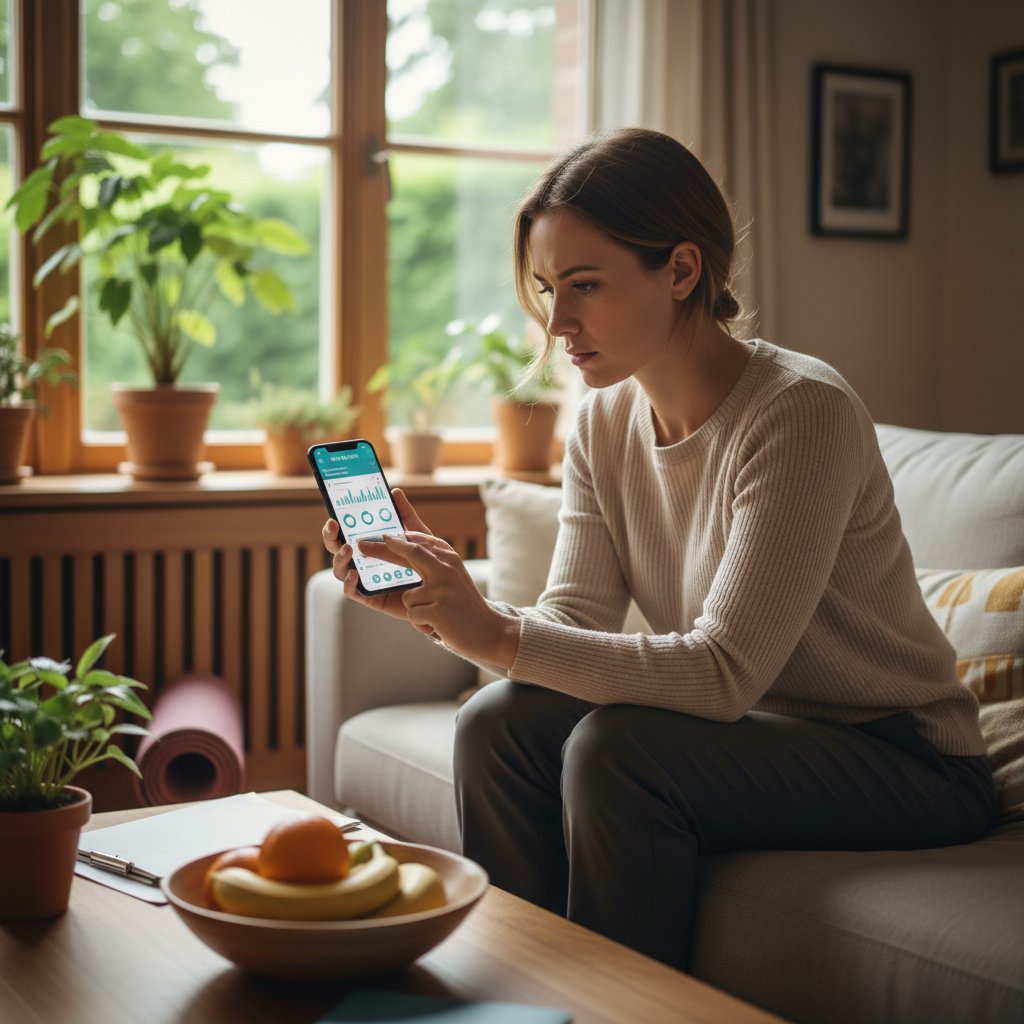 Kobieta analizująca wyniki z poradnika zdrowotnego online na smartfonie, skupiona mina, domowy wystrój