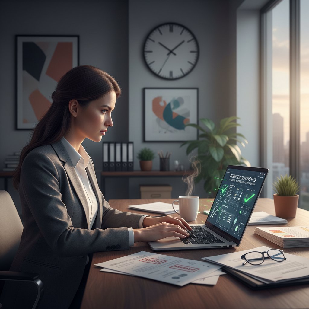Kobieta analizująca listę akceptowanych certyfikatów na ekranie laptopa, atmosfera skupienia