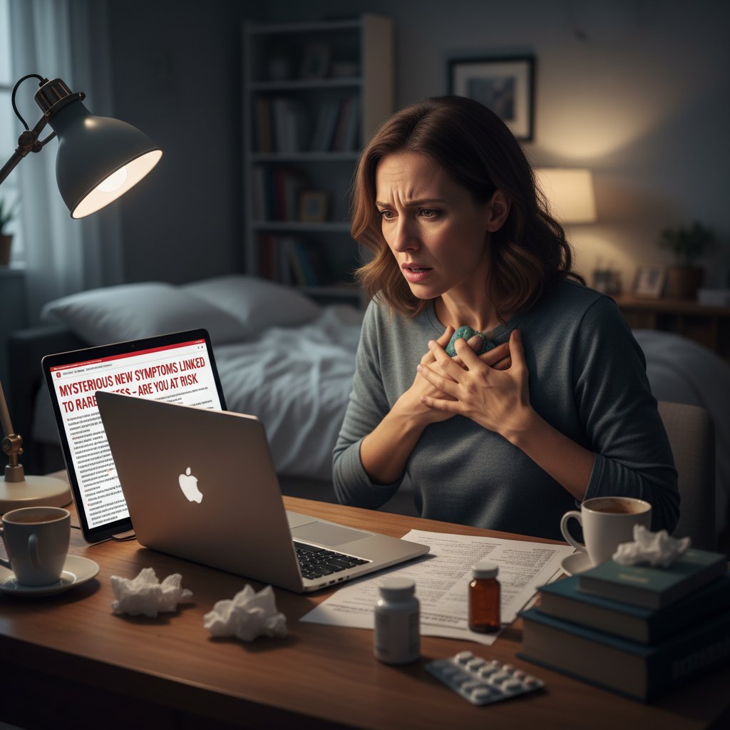 Młoda kobieta z niepokojem czyta wiadomości zdrowotne na laptopie, ekran oświetla twarz