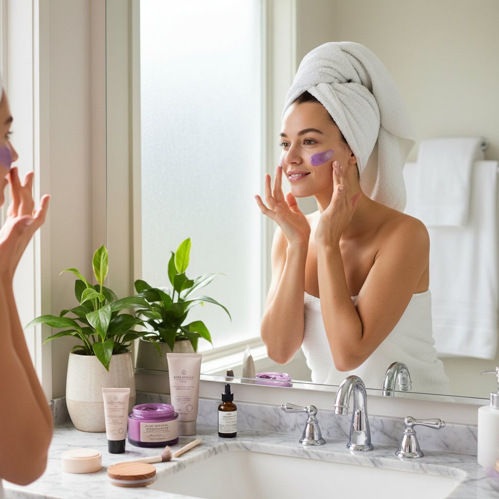 Kobieta nakładająca krem z acai na twarz, kosmetyki z owoców egzotycznych w łazience