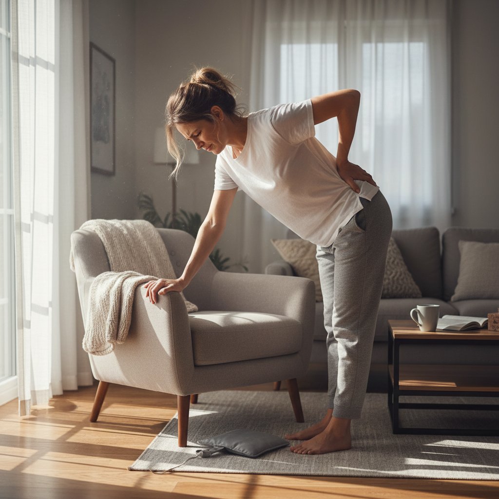 Kobieta trzymająca się za plecy, wyraz twarzy wskazujący ból, domowe wnętrze, światło dzienne