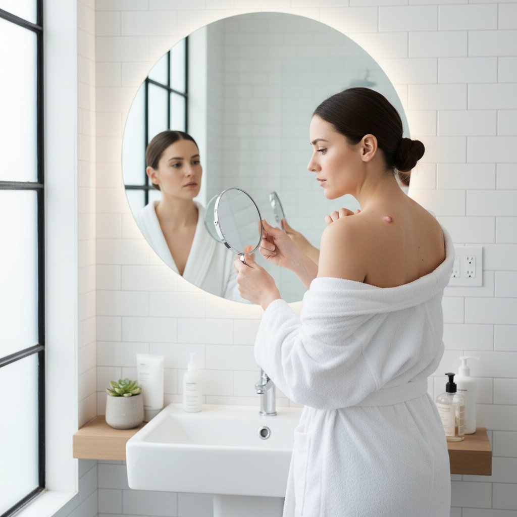 Zdjęcie kobiety analizującej zmiany skórne w łazience na podstawie checklisty