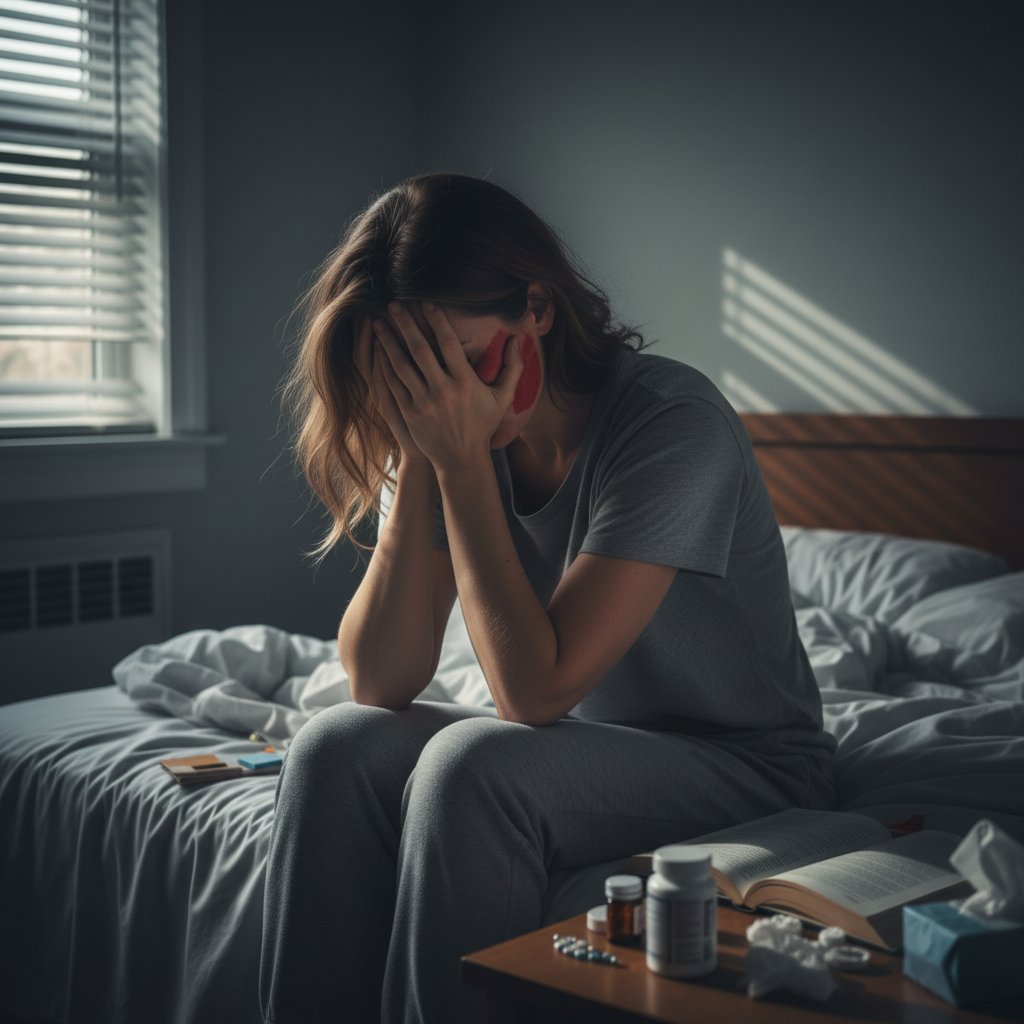 Kobieta siedząca na łóżku, głowa oparta na rękach, symbolizująca depresję w SLE