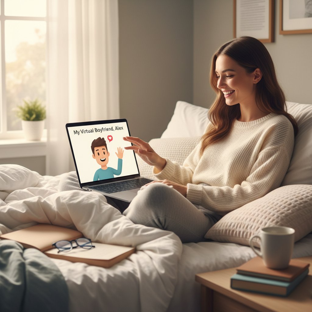 Kobieta siedząca na łóżku z laptopem, uśmiechająca się podczas rozmowy z wirtualnym chłopakiem