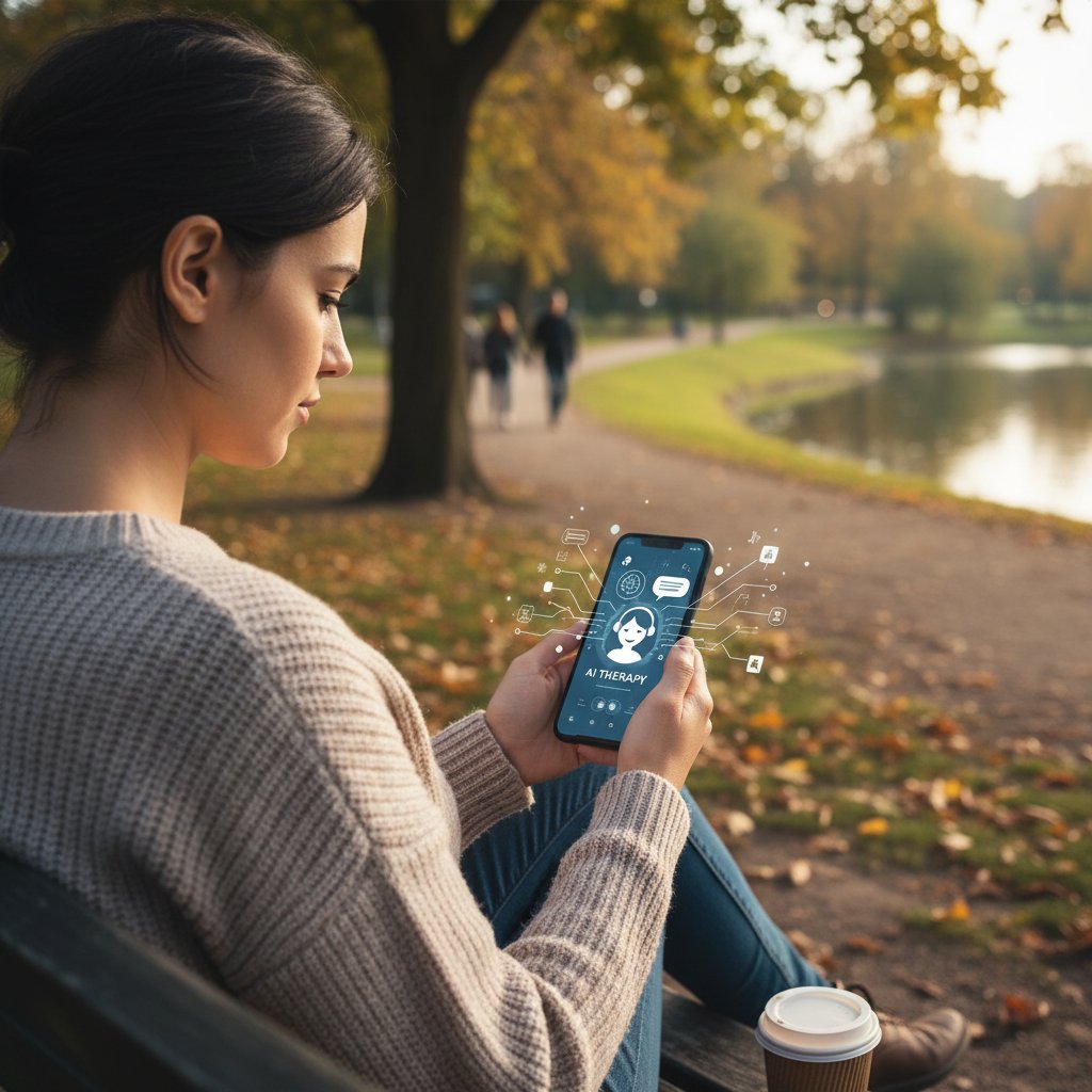 Kobieta siedząca na ławce w parku, patrząca zamyślona na ekran smartfona, ai wsparcie terapeutyczne