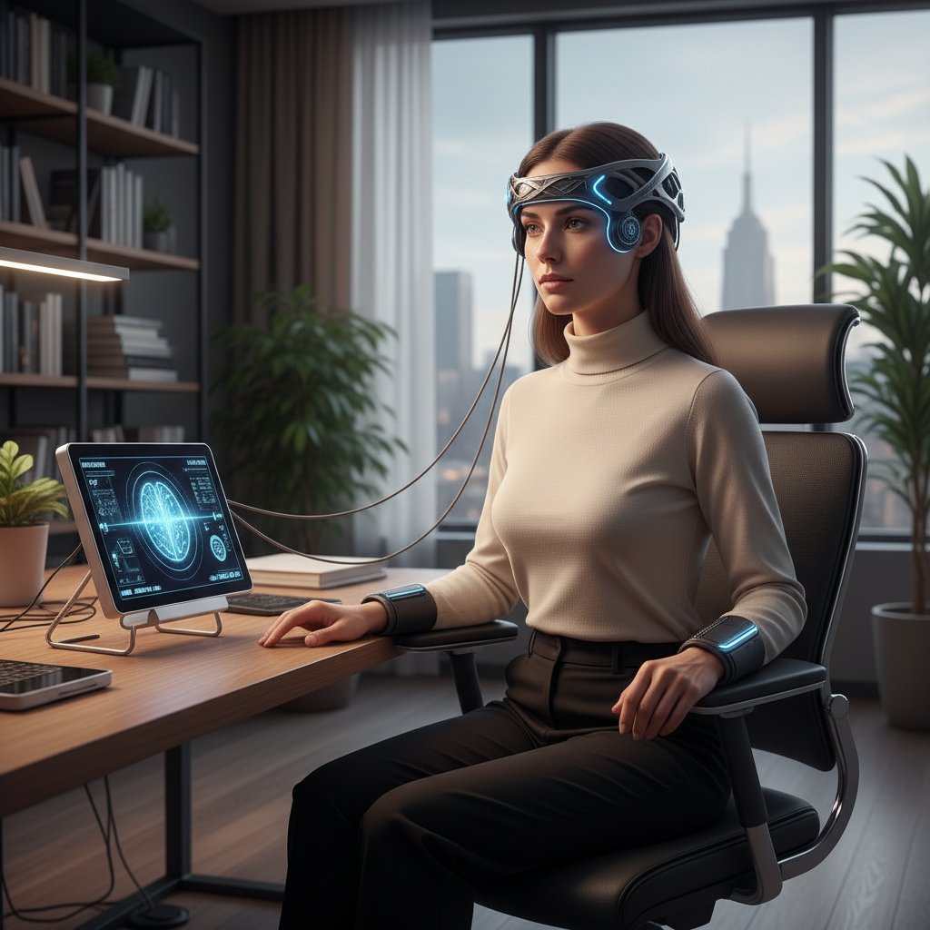 Kobieta w średnim wieku korzystająca z urządzenia do biofeedbacku przy komputerze, skupiona mina, biurowe wnętrze