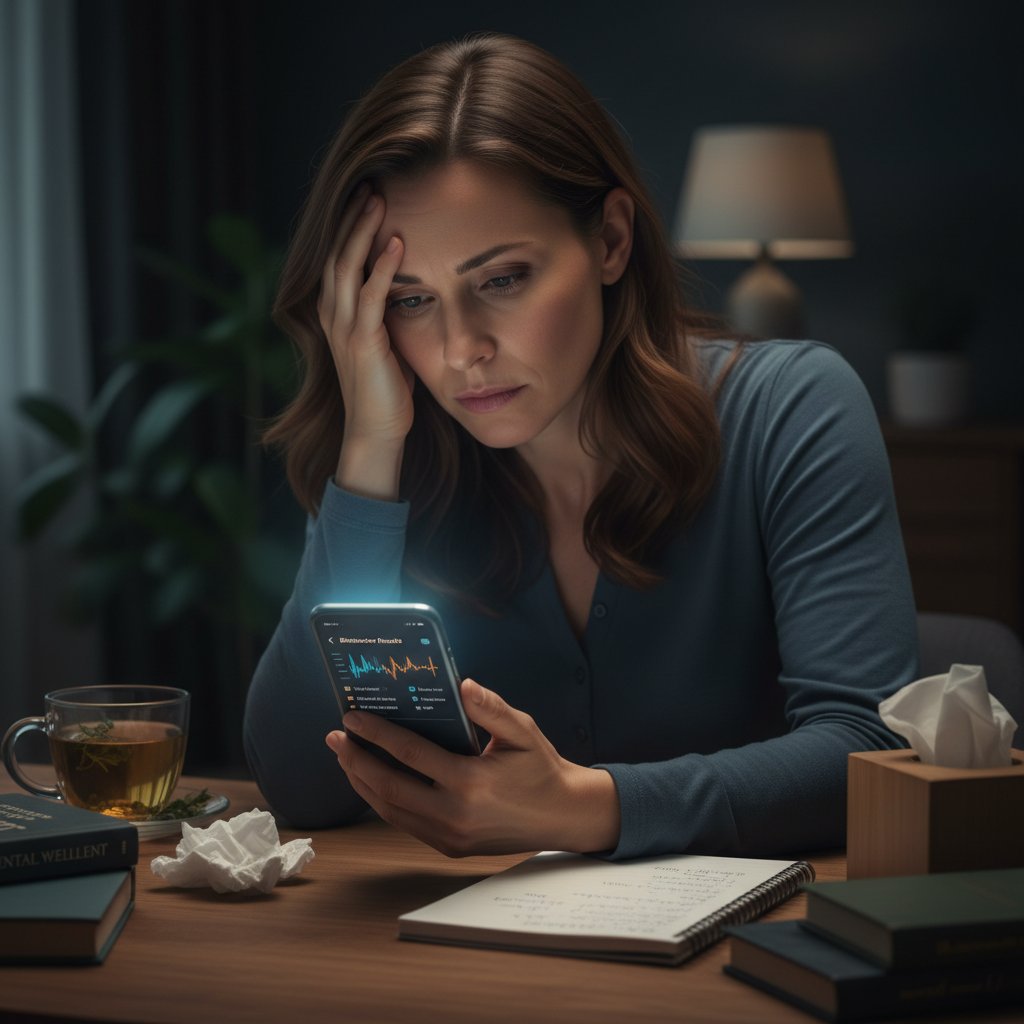 Kobieta patrząca na ekran telefonu z wynikami biomarkerów stresu, biomarkery zdrowie psychiczne