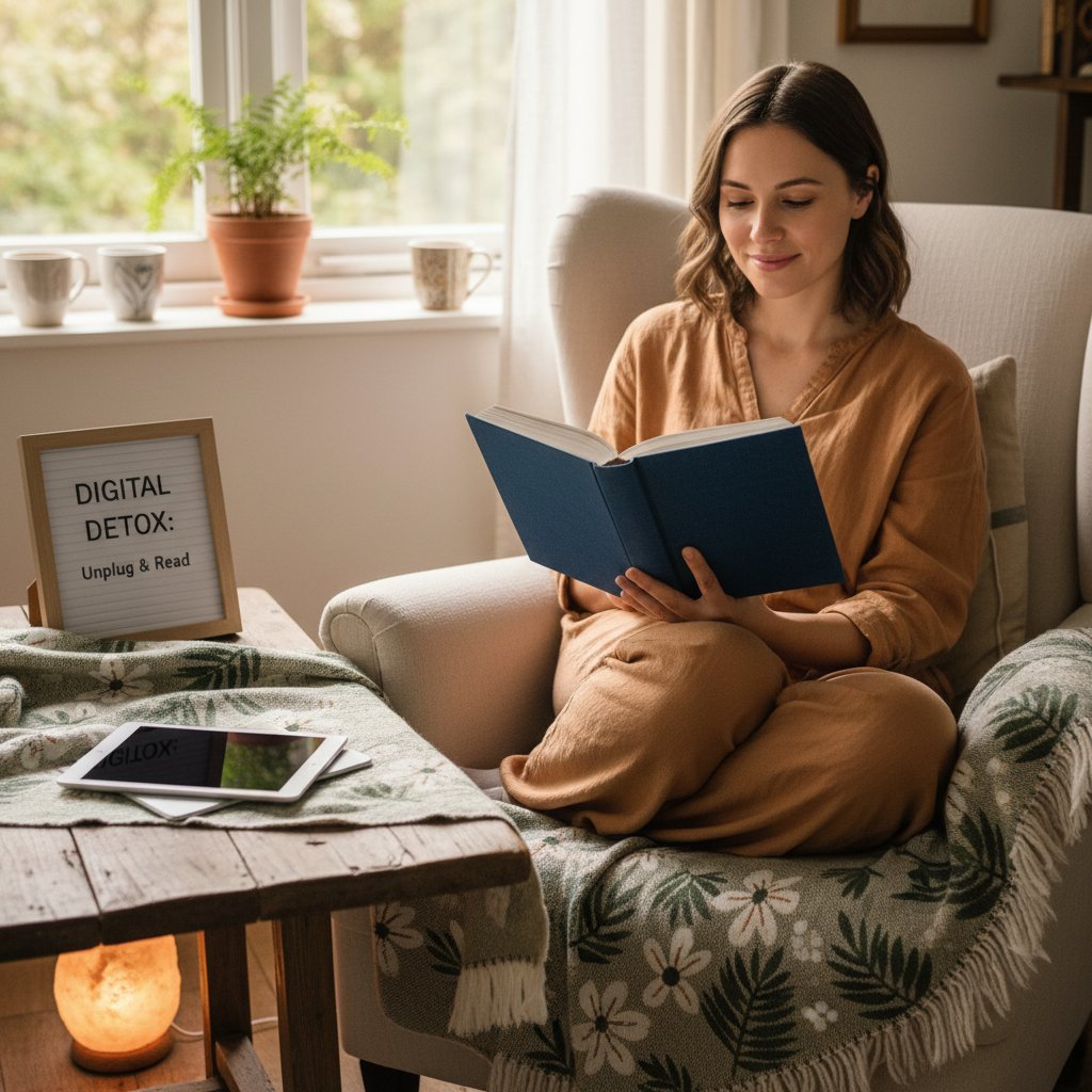 Kobieta odpoczywająca z książką, z dala od ekranu, dbająca o cyfrową higienę zdrowotną