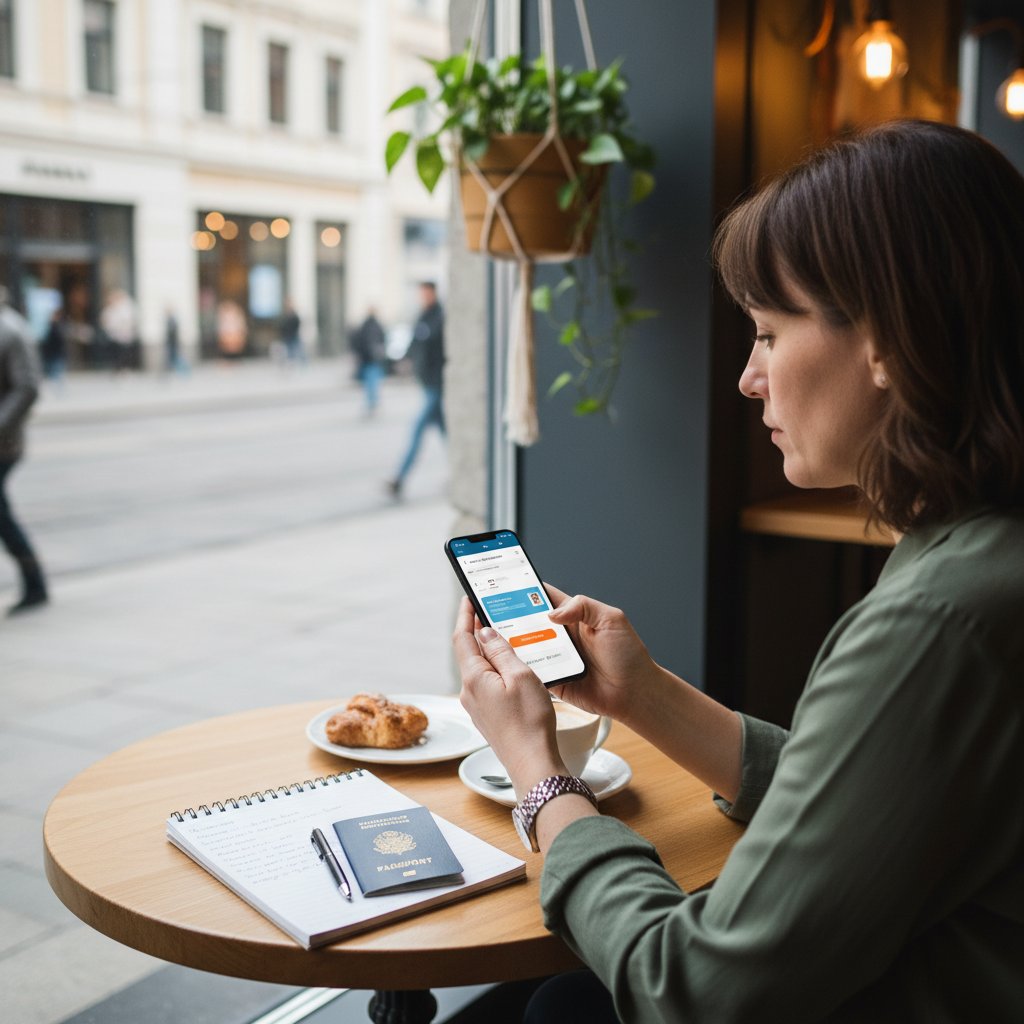 Kobieta rezerwująca bilet lotniczy przez smartfon w kawiarni, notatki i paszport na stole