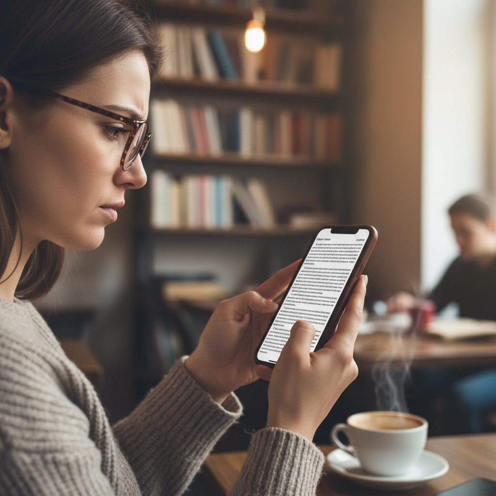 Kobieta patrząca na telefon, z wyraźnym znużeniem, na tle długiego tekstu wyświetlanego na ekranie
