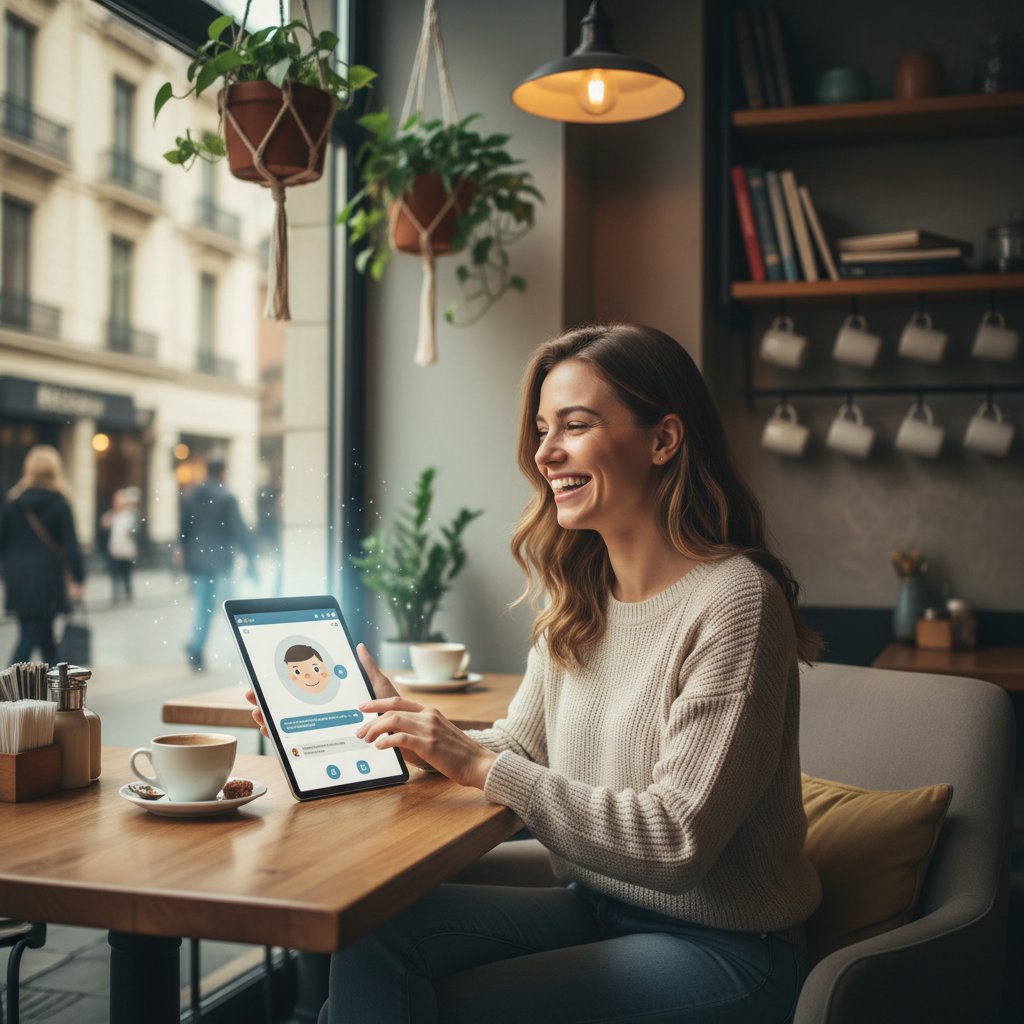 Kobieta korzysta z chatbota w kawiarni, uśmiechnięta, relaksująca atmosfera, światło słoneczne