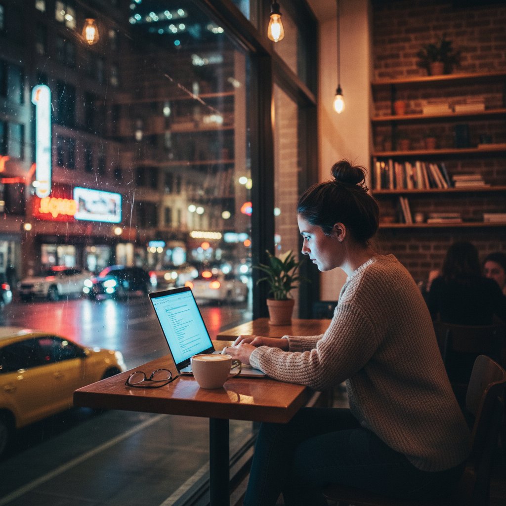 Kobieta siedząca w kawiarni z laptopem, uśmiechnięta, w tle miasto nocą