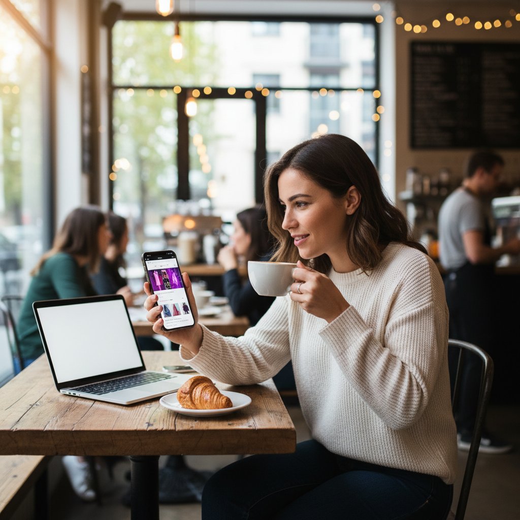 Kobieta przegląda mobilną stronę sklepu internetowego na smartfonie w kawiarni, digital marketing, omnichannel