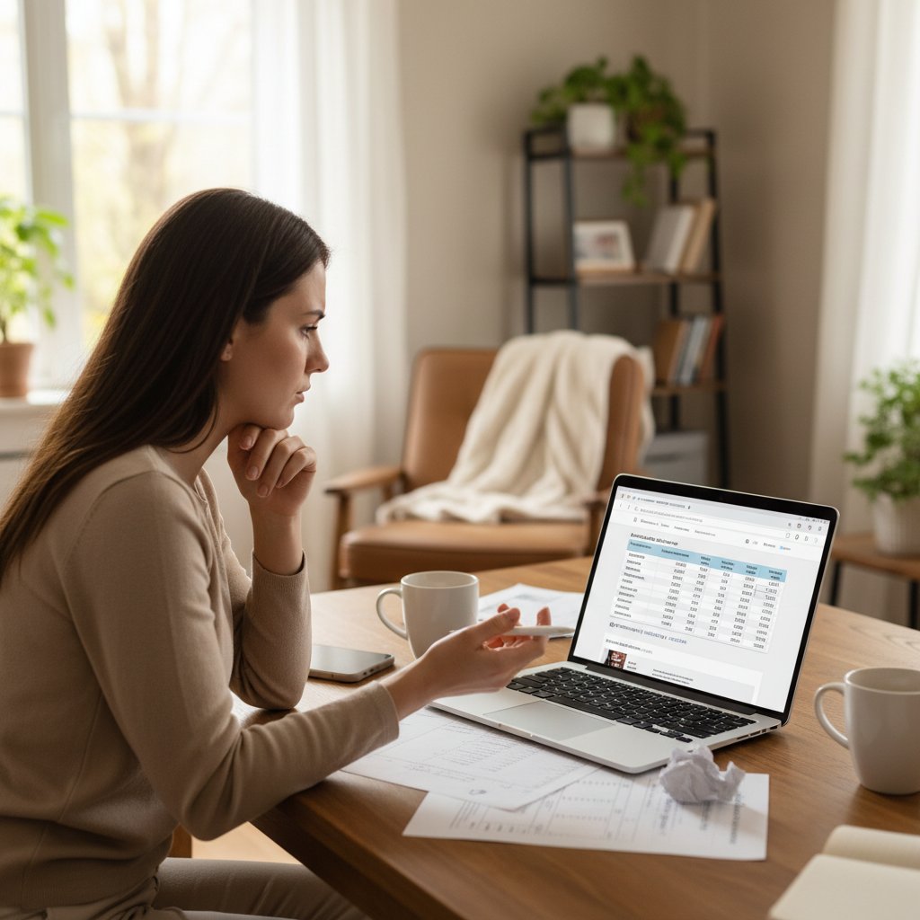 Kobieta sprawdzająca koszty mammoplastyki na laptopie w domu, kalkulator i notatki na stole