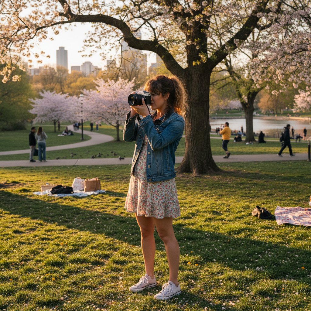 Kobieta z aparatem fotograficznym na tle parku, symbolizująca powrót do pasji po stracie