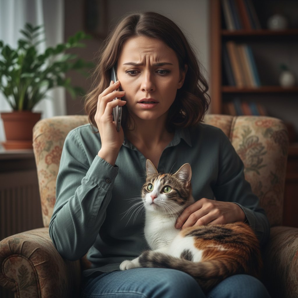 Kobieta trzymająca kota na rękach, telefon w drugiej dłoni, patrzy z troską, wnętrze mieszkania