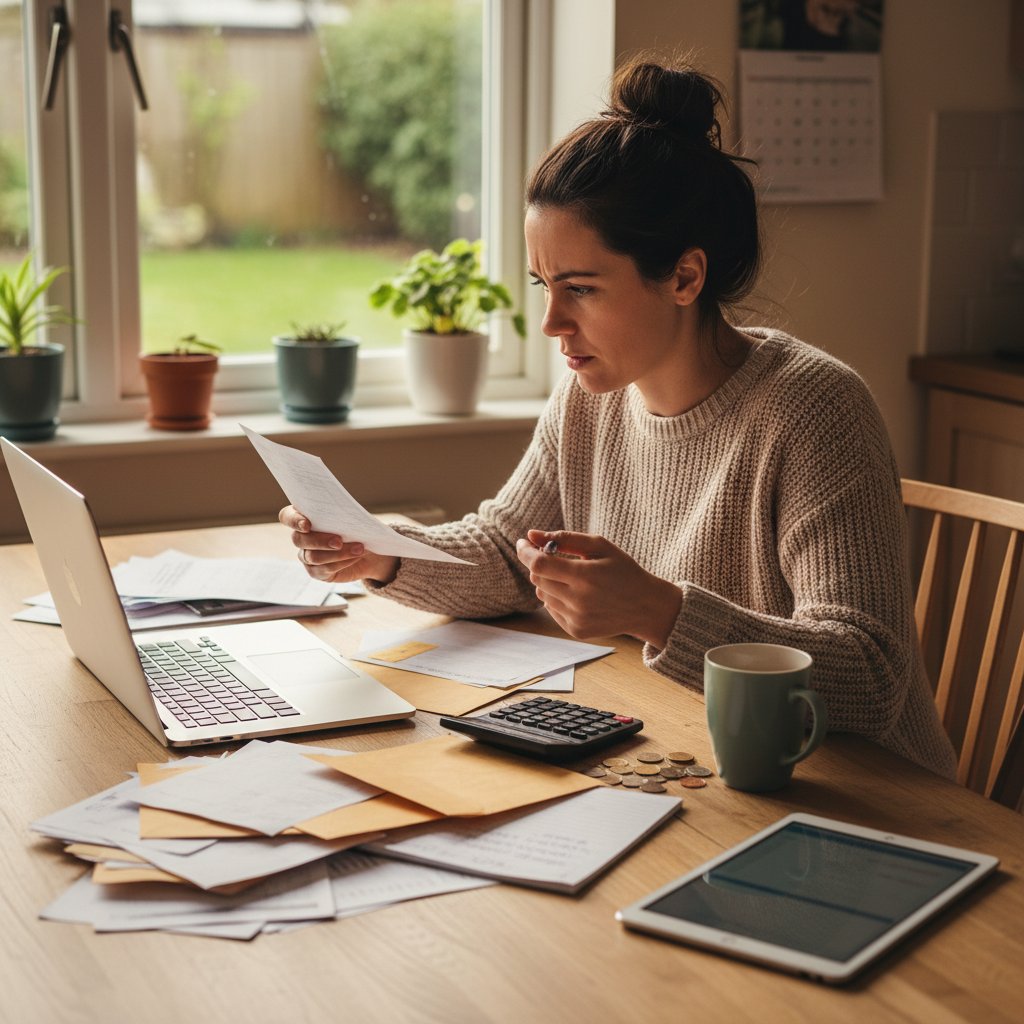 Kobieta sprawdzająca rachunki i notatki na stole w kuchni; matematyka w codziennym życiu