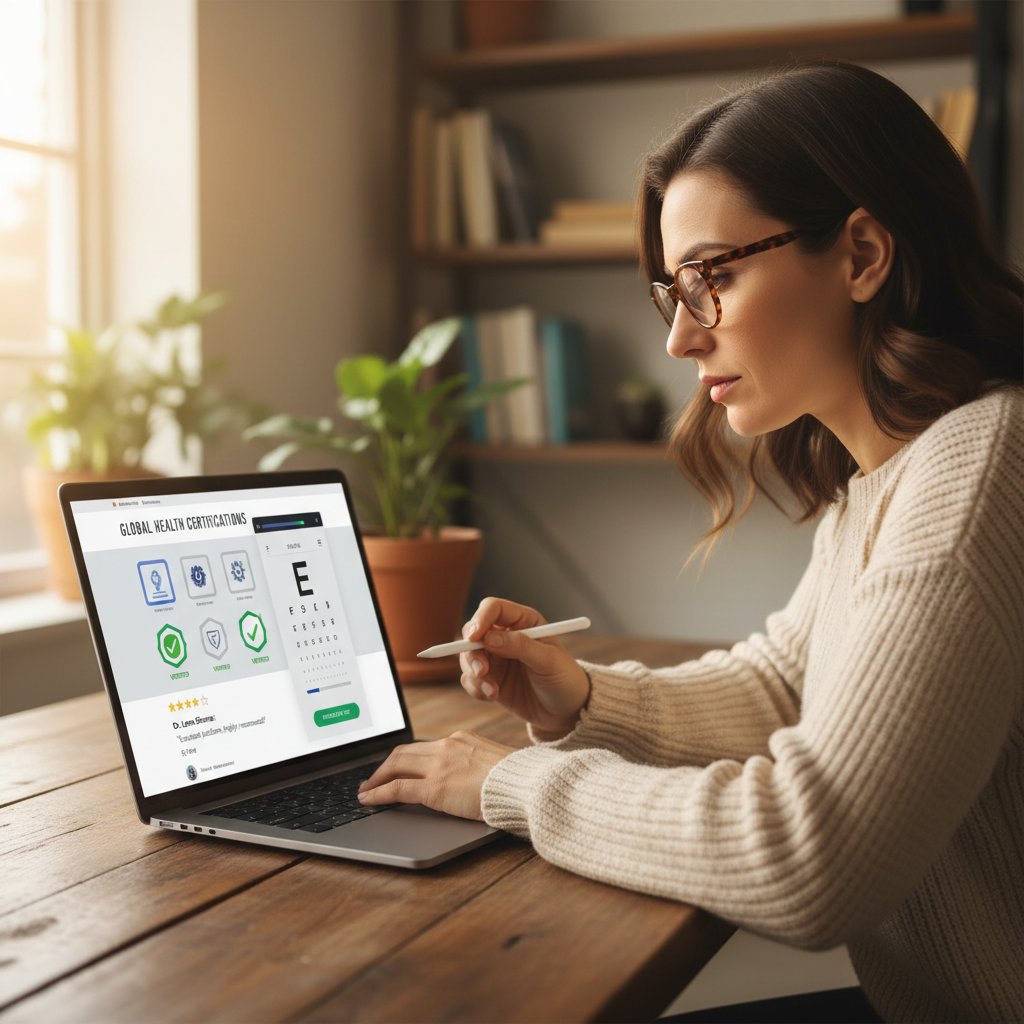 Kobieta sprawdzająca certyfikaty i opinie aplikacji do testu wzroku na laptopie
