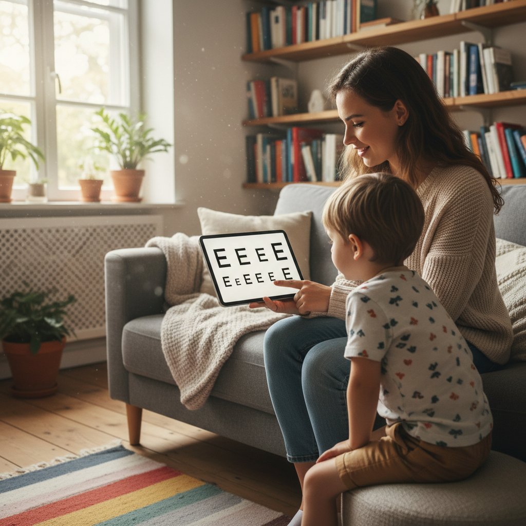 Kobieta z dzieckiem przeprowadzająca domowy test wzroku na tablecie