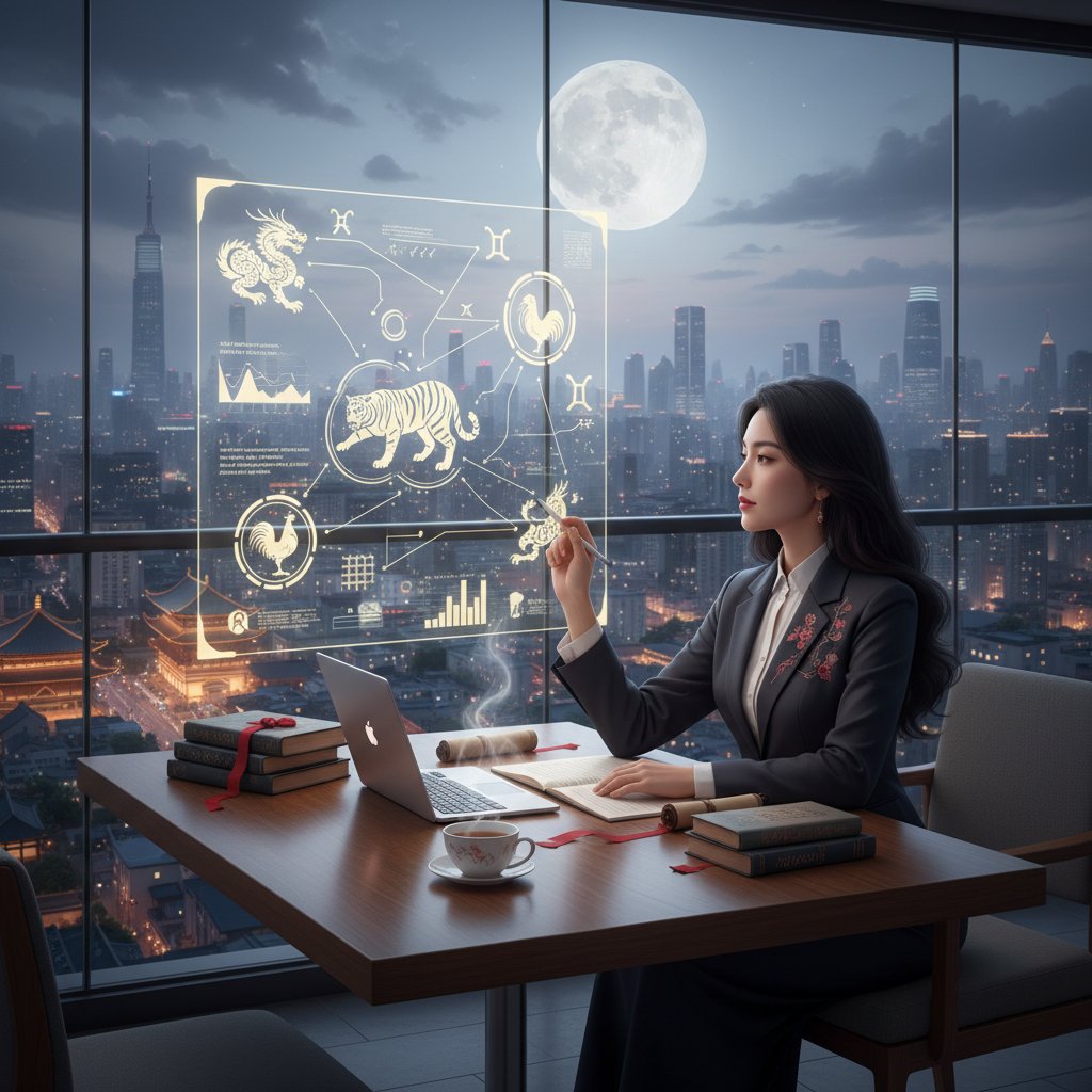 Kobieta analizująca horoskop chiński na tle wielkomiejskiego krajobrazu, zmiana życiowa