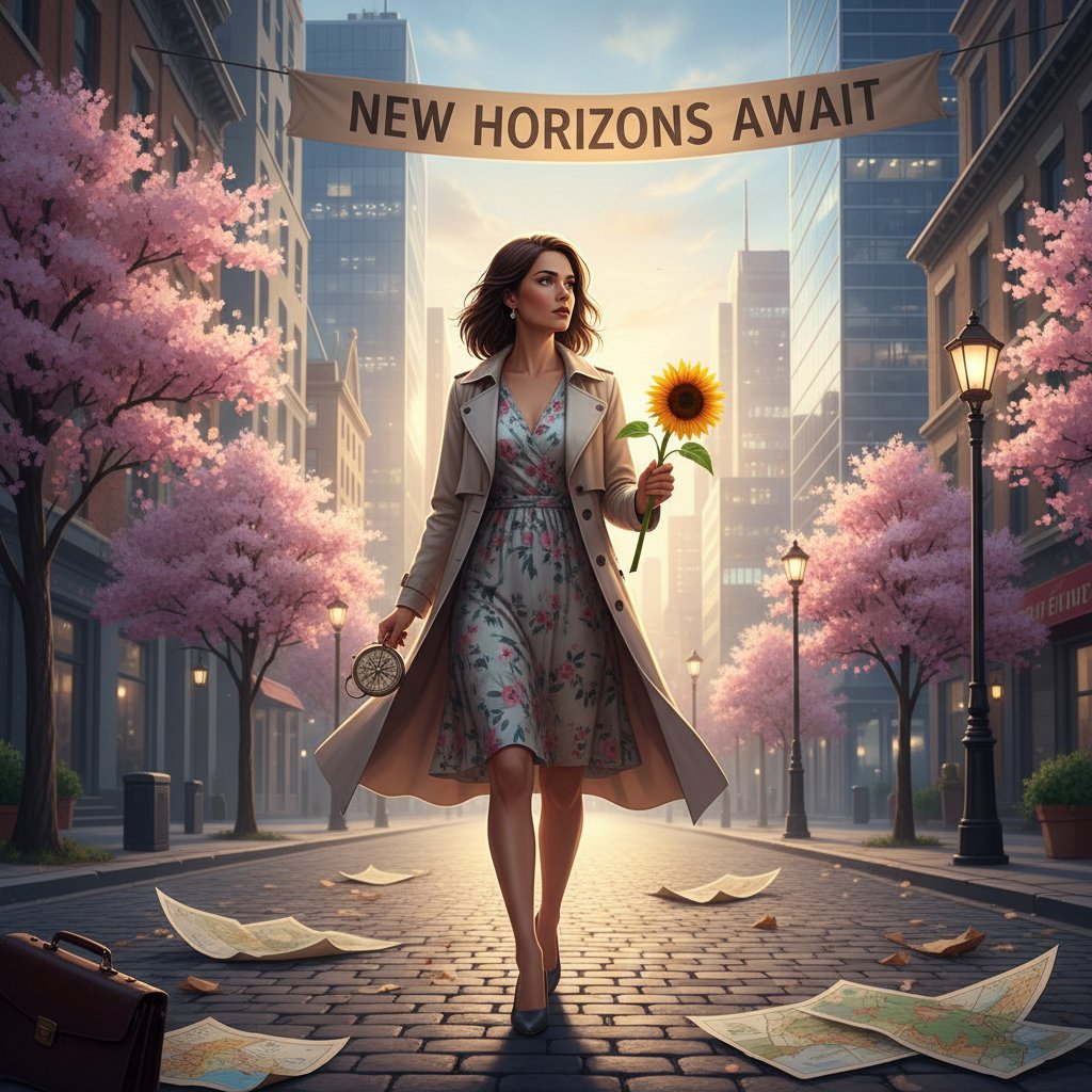 Kobieta z nową energią wychodząca na ulicę, symbol nowego początku po wsparciu psychologicznym online