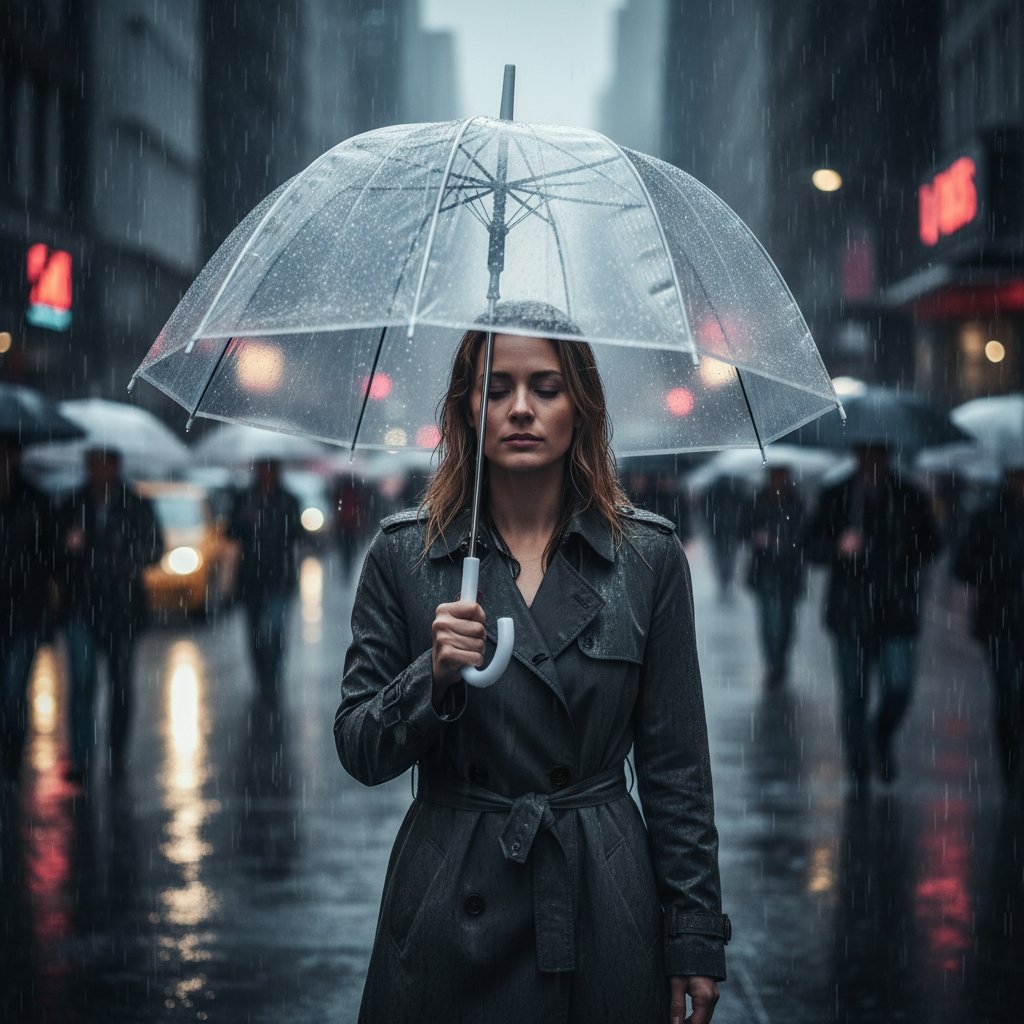 Kobieta podczas spaceru w deszczu, parasolka, miasto, aura przemiany