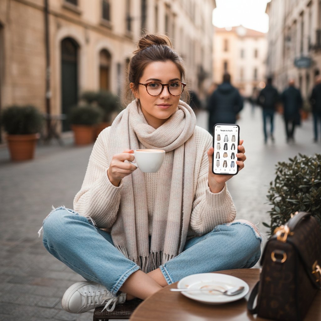 Kobieta korzystająca z aplikacji modowej na smartfonie w kawiarni, swobodny styl, technologia na co dzień