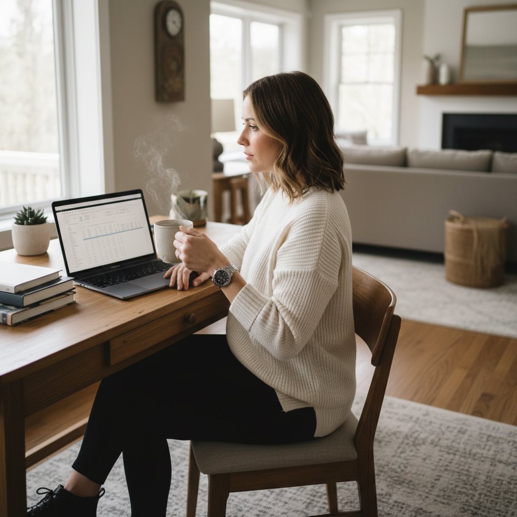 Kobieta pijąca kawę i patrząca na zegarek w domowym biurze – symbol rozregulowanej rutyny