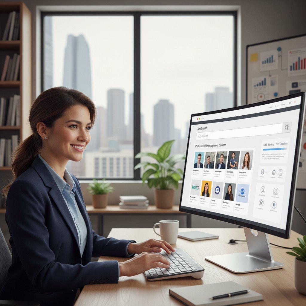 Kobieta pracująca przy komputerze, korzystająca z platformy kariery online