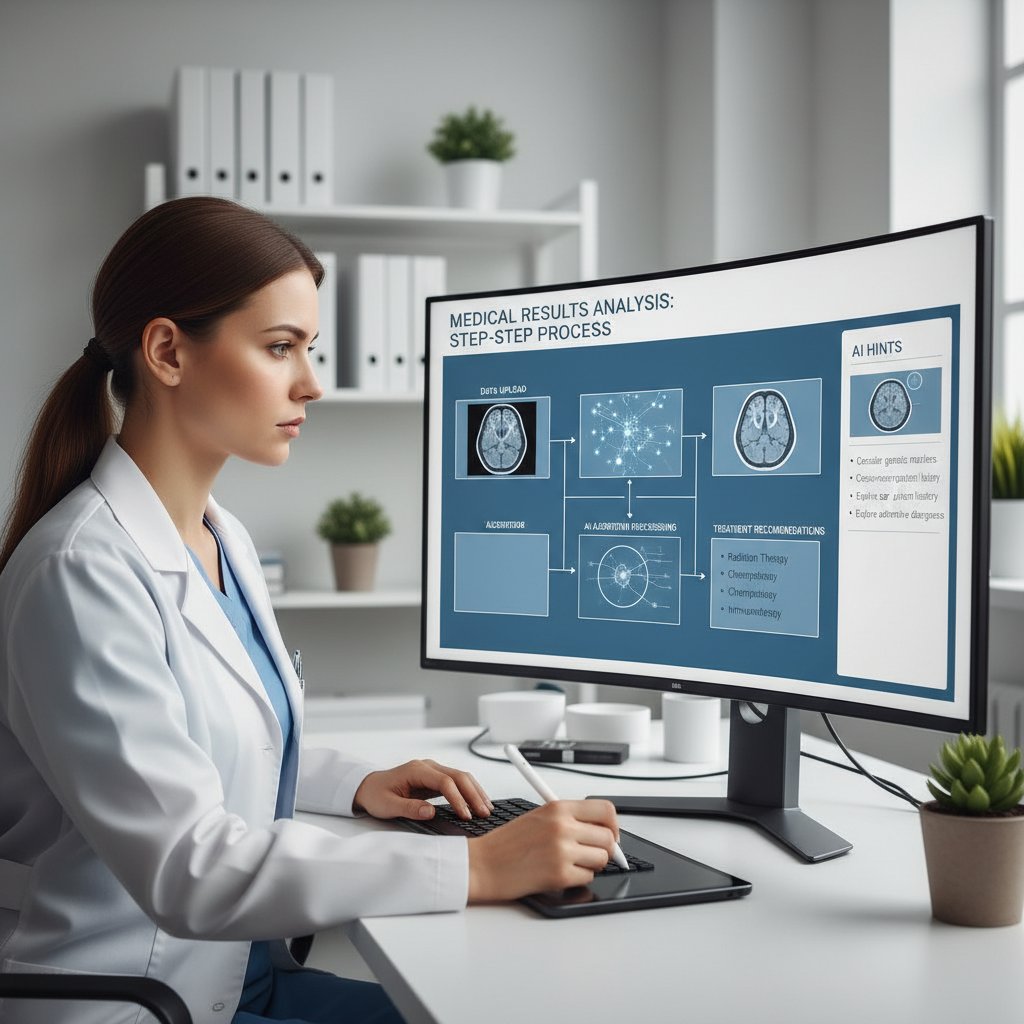 Kobieta siedzi przed komputerem i krok po kroku wprowadza wyniki badań, ekran wyświetla podpowiedzi AI, interpretacja badań online