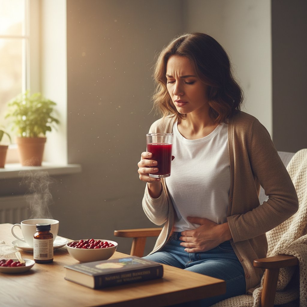 Zdjęcie kobiety pijącej sok żurawinowy przy stole, z wyraźnym zamyśleniem na twarzy – symbolizujące domowe sposoby i dylematy
