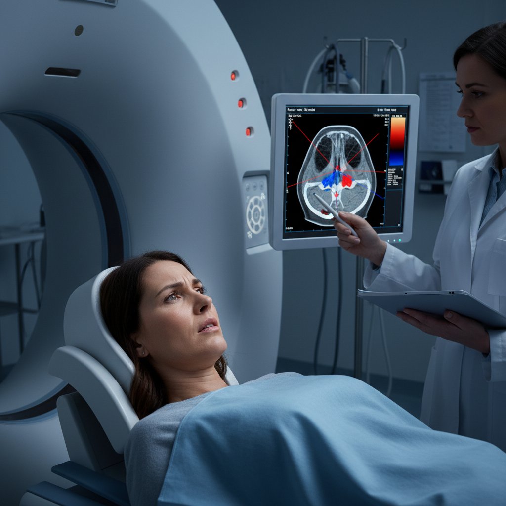 Kobieta analizuje wynik tomografii zatok na ekranie laptopa, wyraz zamyślenia i niepewności na twarzy