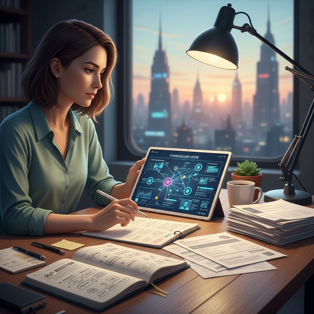 Kobieta analizująca swoje CV, autoanaliza, planowanie kariery, nowa perspektywa