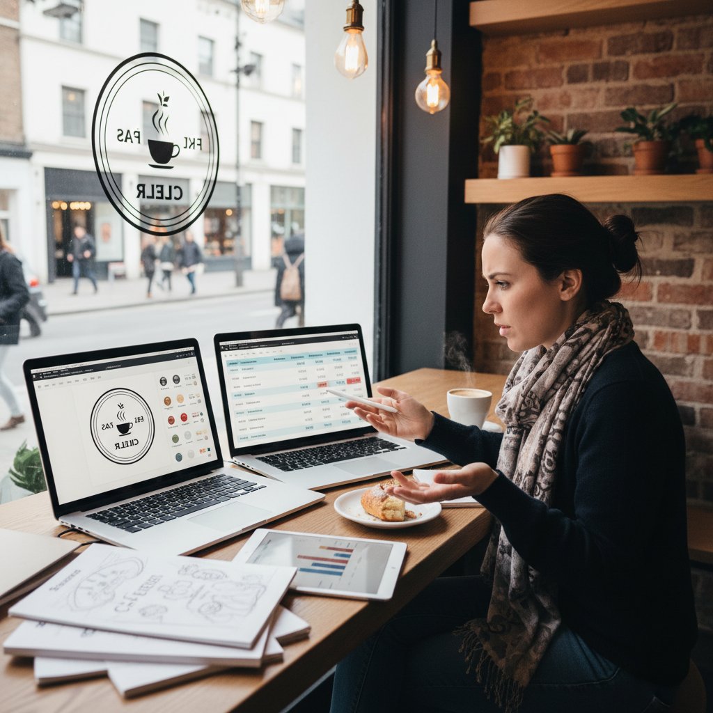 Młoda kobieta projektująca logo na laptopie w kawiarni, porównując koszty agencji i AI