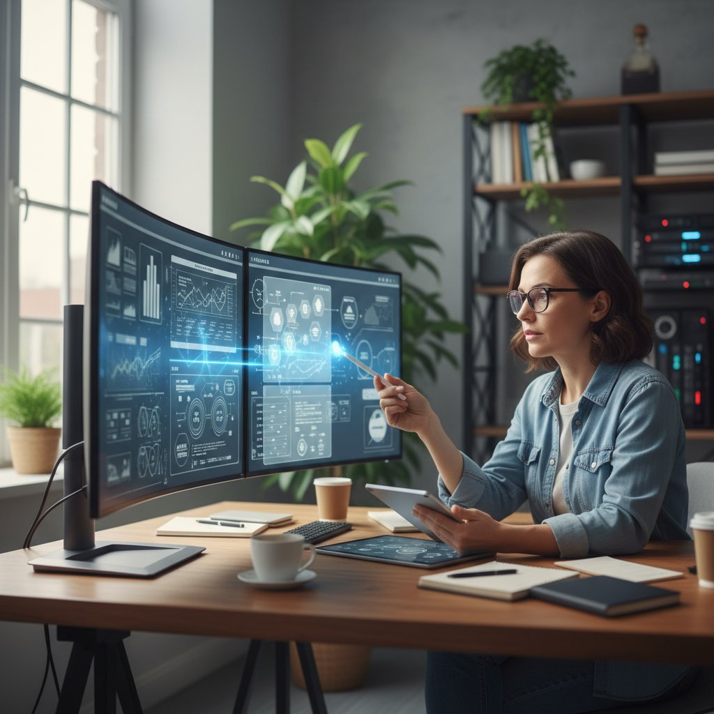 Kobieta przy biurku analizująca różne aplikacje AI na laptopie, notatki na stole, światło dzienne