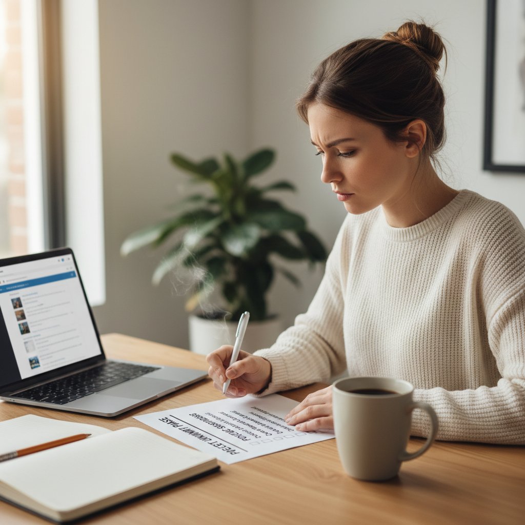 Kobieta przy biurku odhaczająca punkty na checklistcie dotyczącej klarowności tekstu