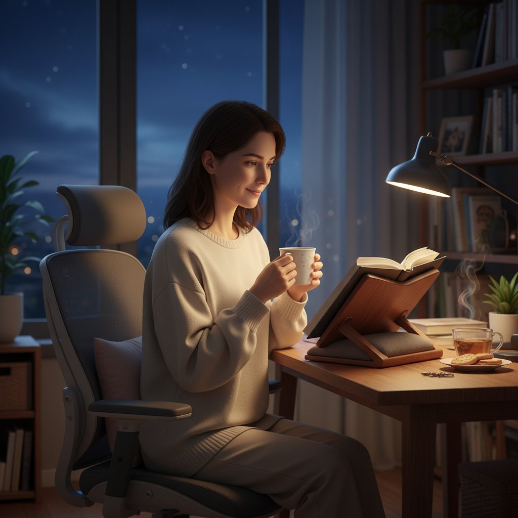 Kobieta siedząca wieczorem przy biurku, czytająca materiały online – edukacja i wsparcie