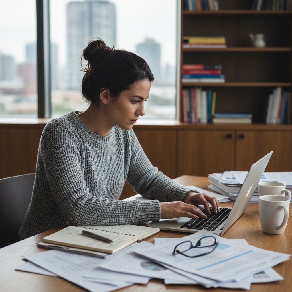 Kobieta czytająca artykuł naukowy przy biurku, z notatnikiem i zakreślaczami