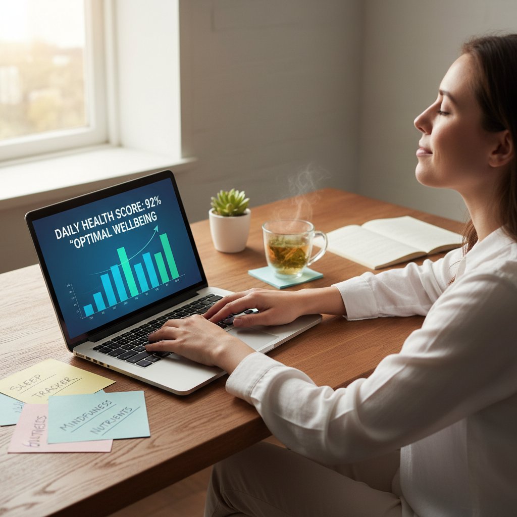 Kobieta siedząca przy biurku, z wyrazem ulgi na twarzy, otoczona notatkami i laptopem