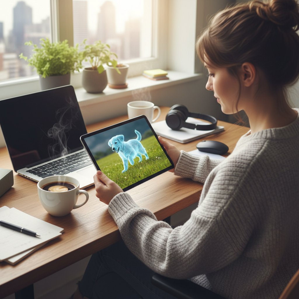 Kobieta przy biurku, tablet z aplikacją wirtualnego psa, filiżanka kawy – codzienność pracy zdalnej z pieskiem AI