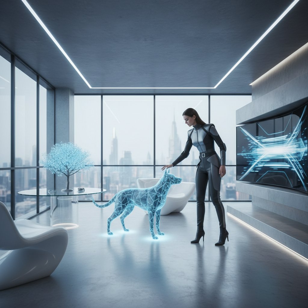 Kobieta w kawalerce rozmawia z cyfrowym psem na tablecie – nowoczesne rozwiązanie dla zabieganych