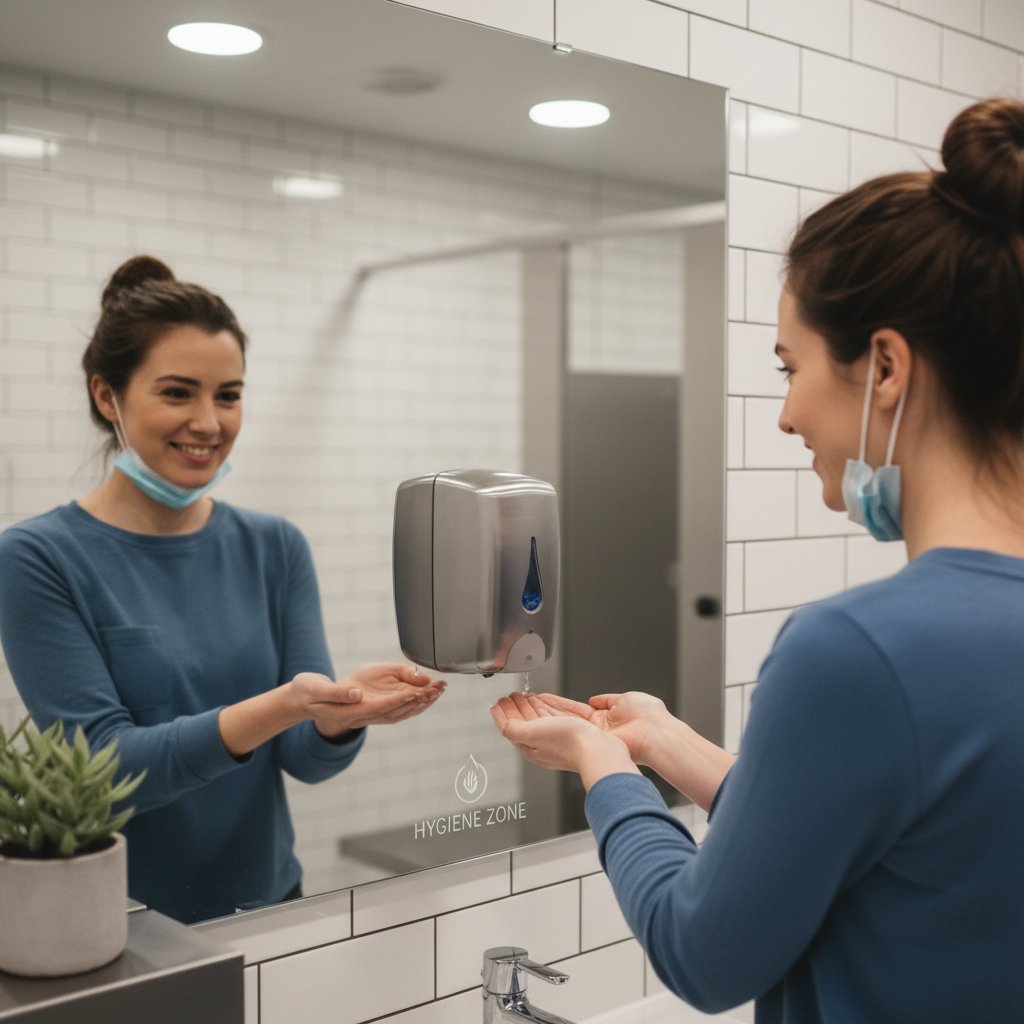 Kobieta dezynfekująca dłonie przed lustrem, wyraźny nacisk na higienę