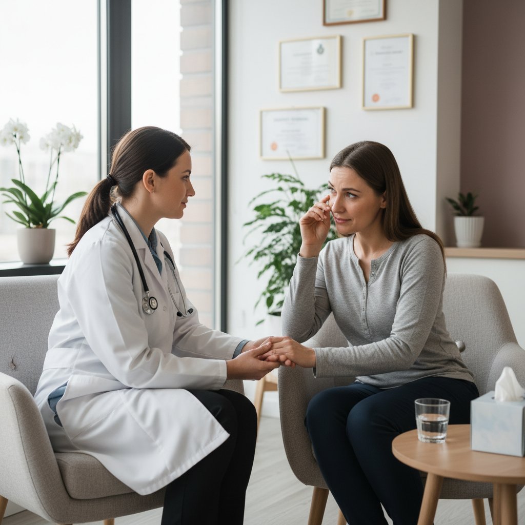 Kobieta rozmawia z lekarzem, otwartość i wsparcie – temat nietrzymania moczu w gabinecie