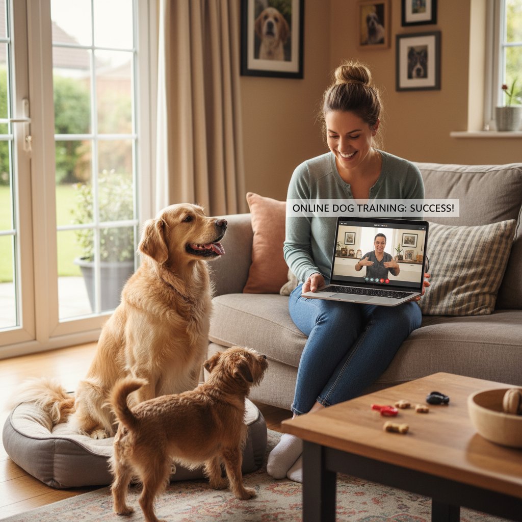 Kobieta i pies podczas treningu z laptopem, domowa atmosfera, radość z sukcesu, szkolenie psa przez internet