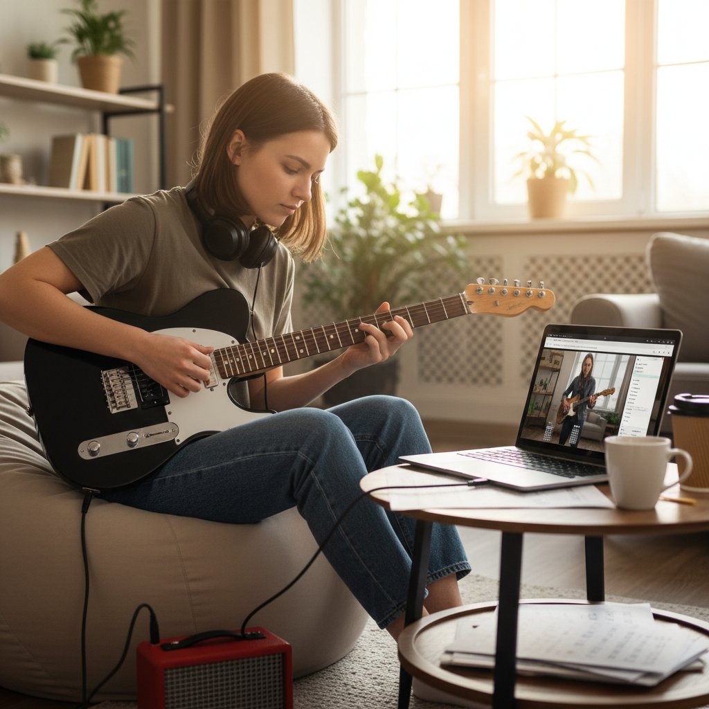 Młoda kobieta ćwiczy prosty riff na gitarze elektrycznej, siedząc przed laptopem – słowa kluczowe: nauka gitary online, lekcje dla początkujących, kobieta grająca