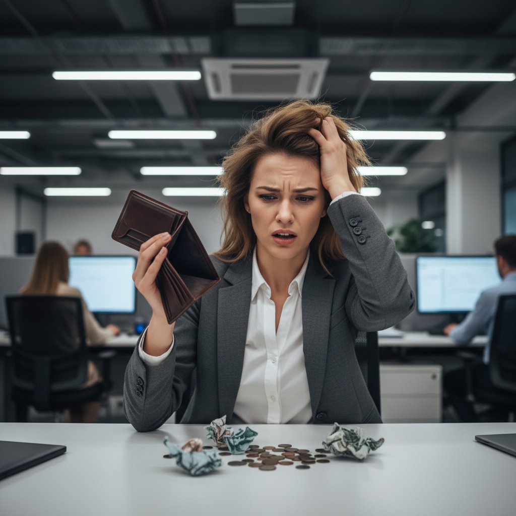Kobieta patrząca na pusty portfel, wyraz frustracji, scena biurowa